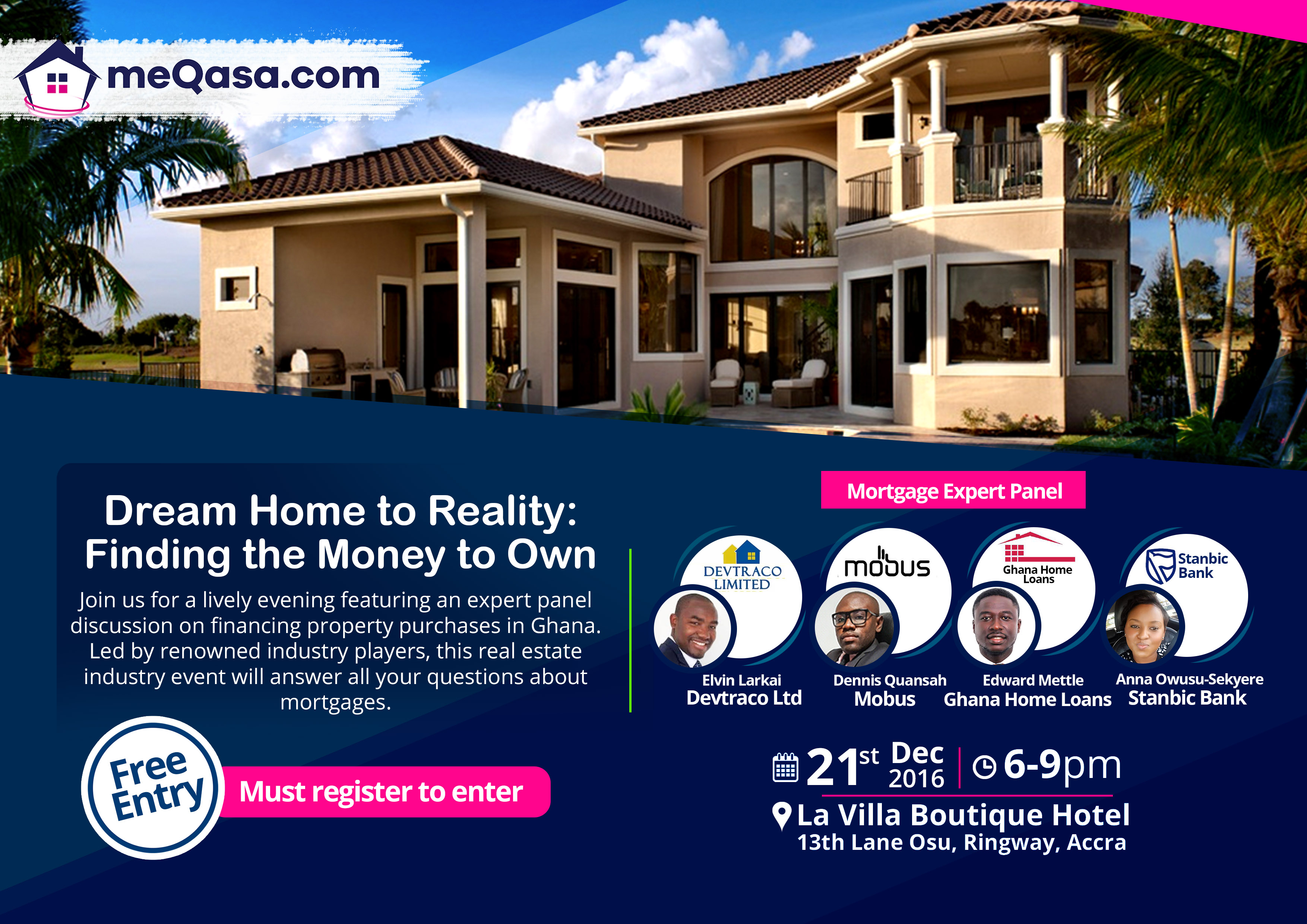 Join us for a lively evening featuring an expert panel discussion on financing property purchases in Ghana. Led by renowned industry players, this real estate industry event will answer all your questions about mortgages.