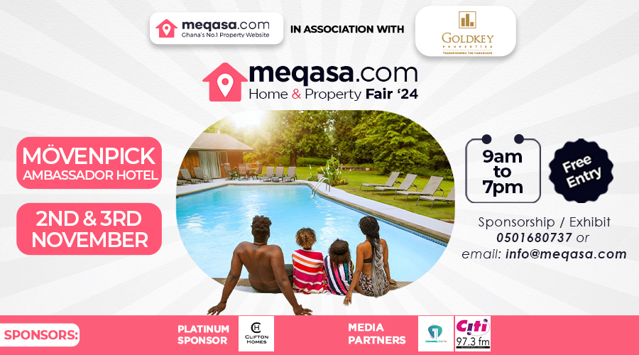 Meqasa Home & Property Fair 2024. Movenpick Ambassador Hotel. 2nd and 3rd November, 9 a.m. to 7 p.m. Free entry. Fegister to attend